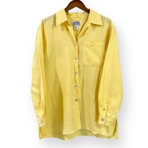 Vintage Club Classics Shirt Womens Large Yellow 100% Linen Long Sleeve Button Up